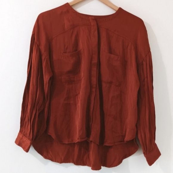 Anthropologie Darrah Western Sophisticated Rust Satin Pleated Button Down Top - Picture 10 of 12